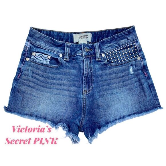 Victoria’s Secret Pink SZ 4 Cheeky High-Rise Denim Factory Distressed Sh… - Picture 1 of 11